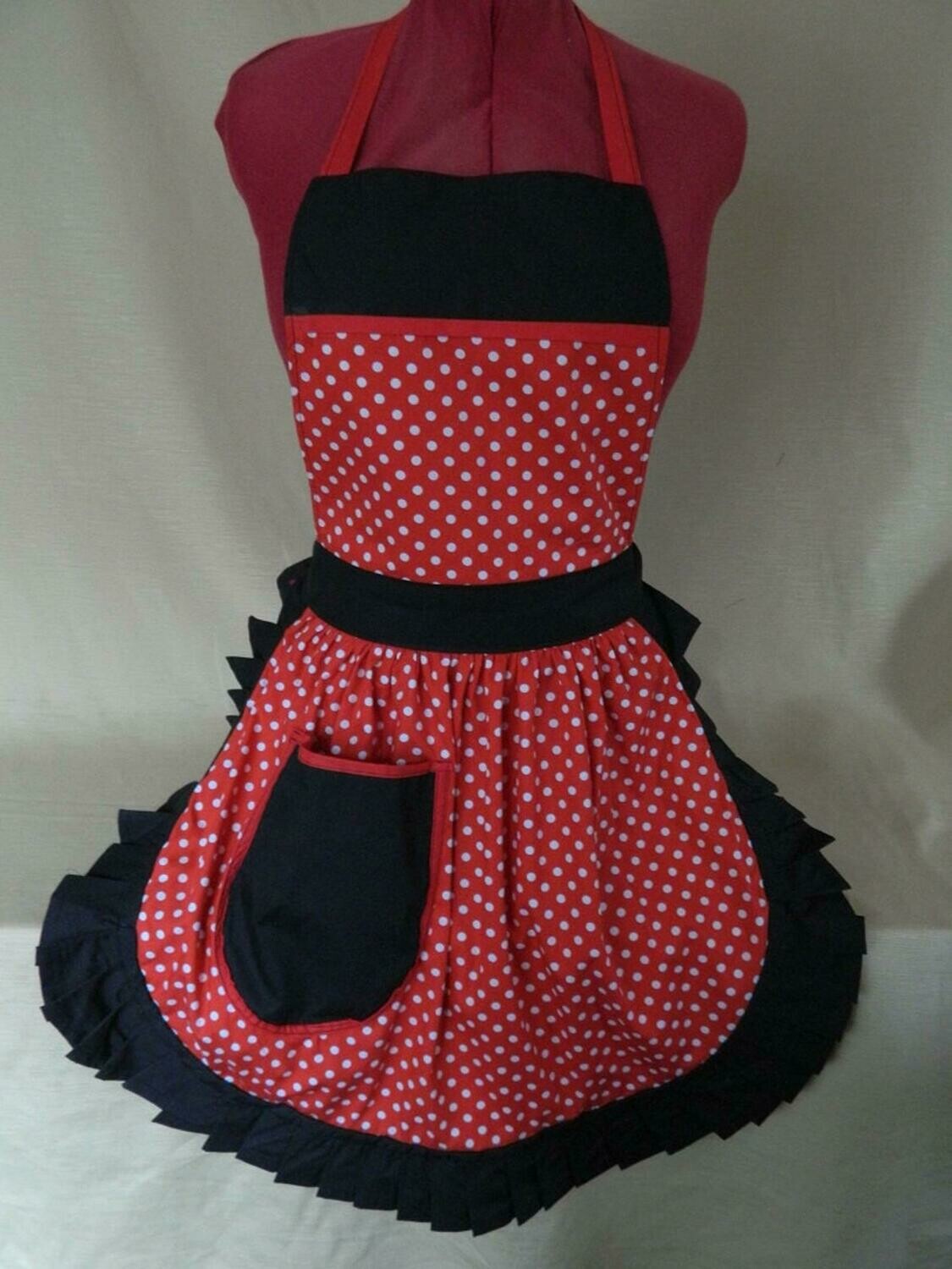 Retro Vintage 50&#39;s Style Full Apron - Red &amp; White Polka Dot with Black Trim
