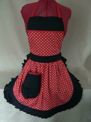 Retro Vintage 50&#39;s Style Full Apron - Red &amp; White Polka Dot with Black Trim