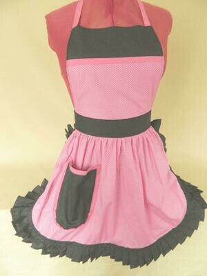Retro Vintage 50&#39;s Style Full Apron - Pink &amp; White Polka Dot with Black Trim