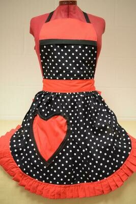 Retro Vintage 50&#39;s Style Full Apron - Black &amp; White Polka Dot with Red Trim &amp; Heart Shaped Pocket