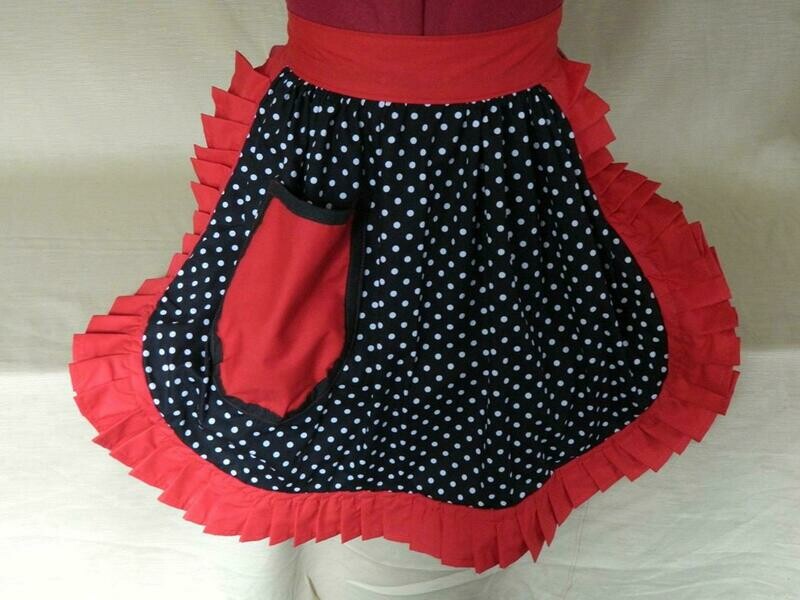 Retro Vintage 50&#39;s Style Half Apron - Black &amp; White Polka Dot with Red Trim