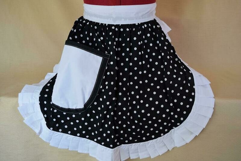 Retro Vintage 50&#39;s Style Half Apron - Black &amp; White Polka Dot with White Trim