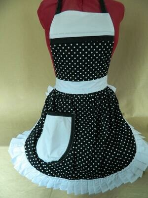 Retro Vintage 50&#39;s Style Full Apron - Black &amp; White Polka Dot with White Trim