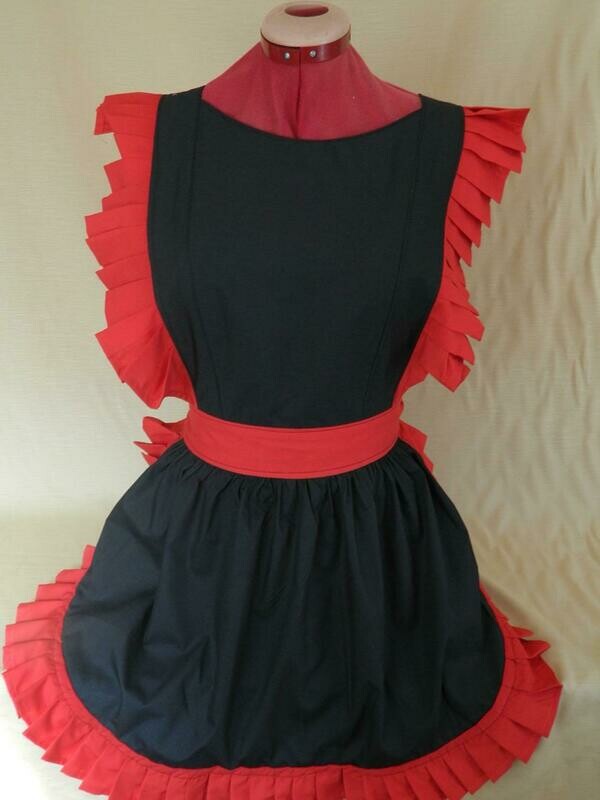 Retro Vintage Victorian Style Full Apron (High Neck) - Black &amp; Red