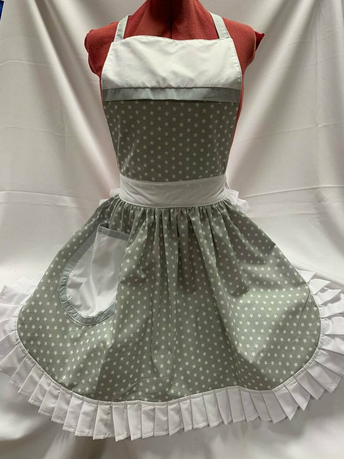 Retro Vintage 50&#39;s Style Full Apron - Grey with White Stars and White Trim
