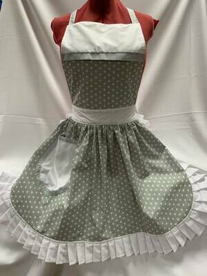 Retro Vintage 50&#39;s Style Full Apron - Grey with White Stars and White Trim