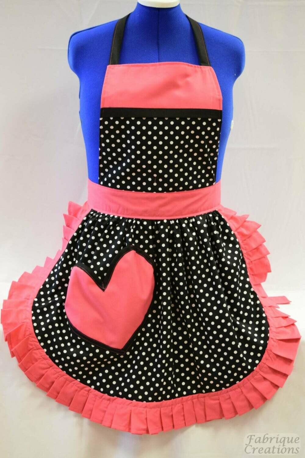 Retro Vintage 50&#39;s Style Full Apron - Black &amp; White Polka Dot with Pink Trim &amp; Heart Shaped Pocket