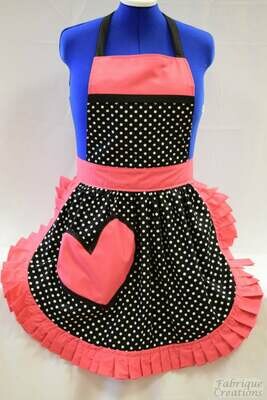 Retro Vintage 50&#39;s Style Full Apron - Black &amp; White Polka Dot with Pink Trim &amp; Heart Shaped Pocket