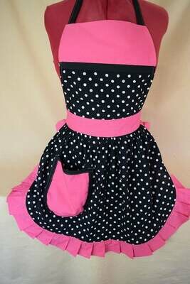 Retro Vintage 50&#39;s Style Full Apron - Black &amp; White Polka Dot with Pink Trim