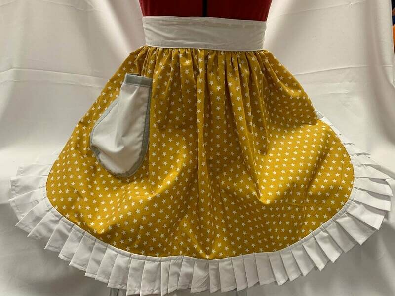 Retro Vintage 50&#39;s Style Half Apron - Mustard / Gold with White Stars and White Trim