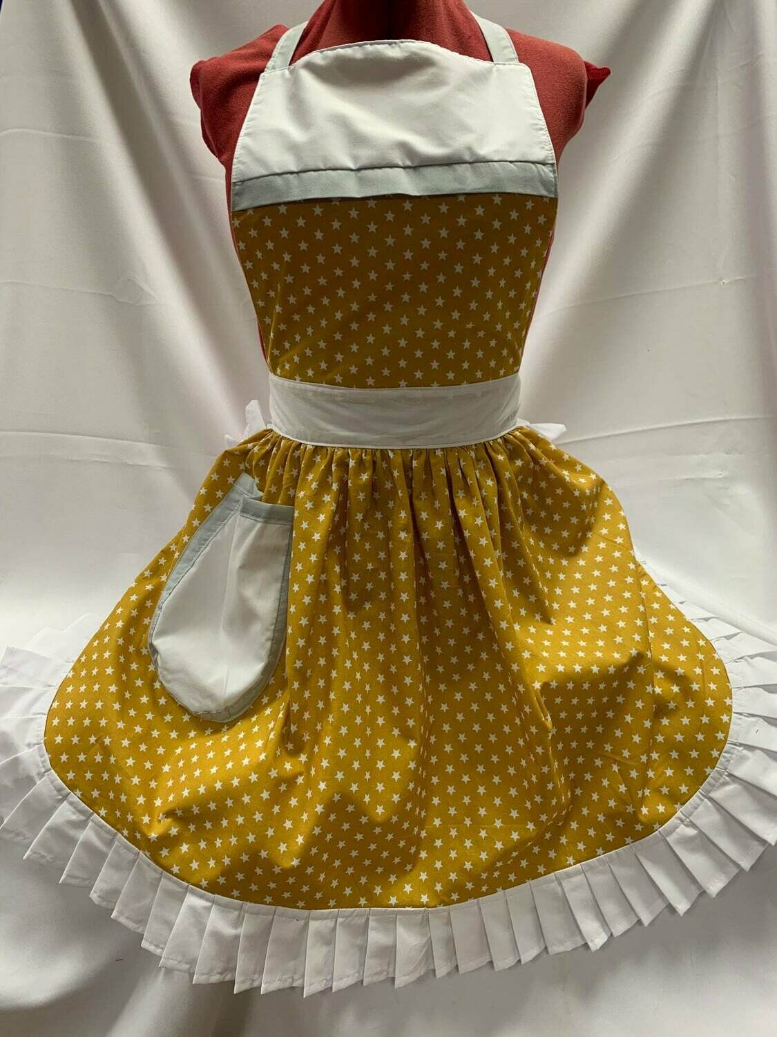 Retro Vintage 50&#39;s Style Full Apron - Mustard / Gold with White Stars and White Trim