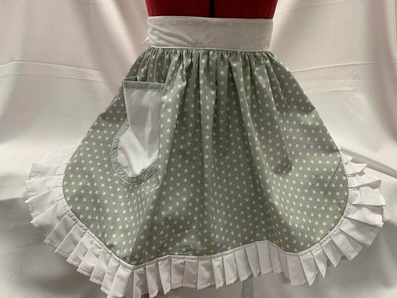 Retro Vintage 50&#39;s Style Half Apron - Grey with White Stars and White Trim