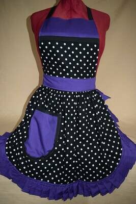 Retro Vintage 50&#39;s Style Full Apron - Black &amp; White Polka Dot with Purple Trim