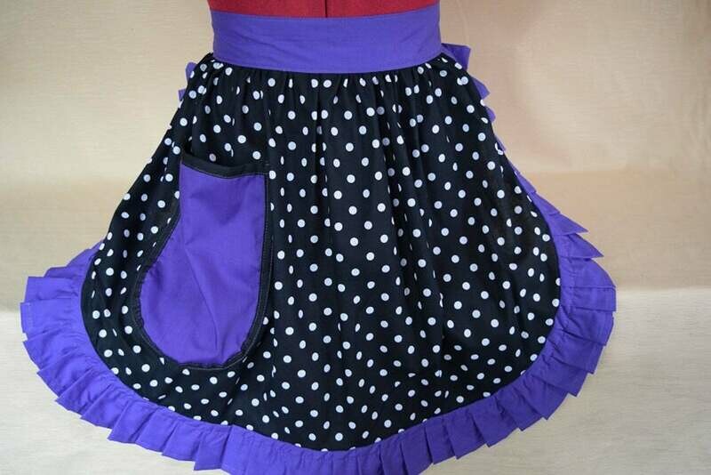 Retro Vintage 50&#39;s Style Half Apron - Black &amp; White Polka Dot with Purple Trim