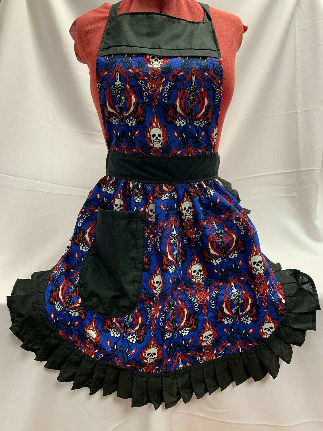 Retro Vintage 50&#39;s Style Full Apron - Skulls &amp; Flames on Blue with Black Trim
