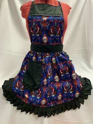 Retro Vintage 50&#39;s Style Full Apron - Skulls &amp; Flames on Blue with Black Trim