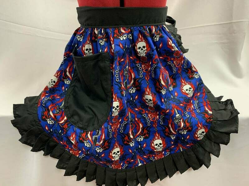 Retro Vintage 50&#39;s Style Half Apron - Skulls &amp; Flames on Blue with Black Trim