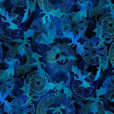 Flying Dragons Blue Fury by Jason Yenter - 100% cotton print fabric