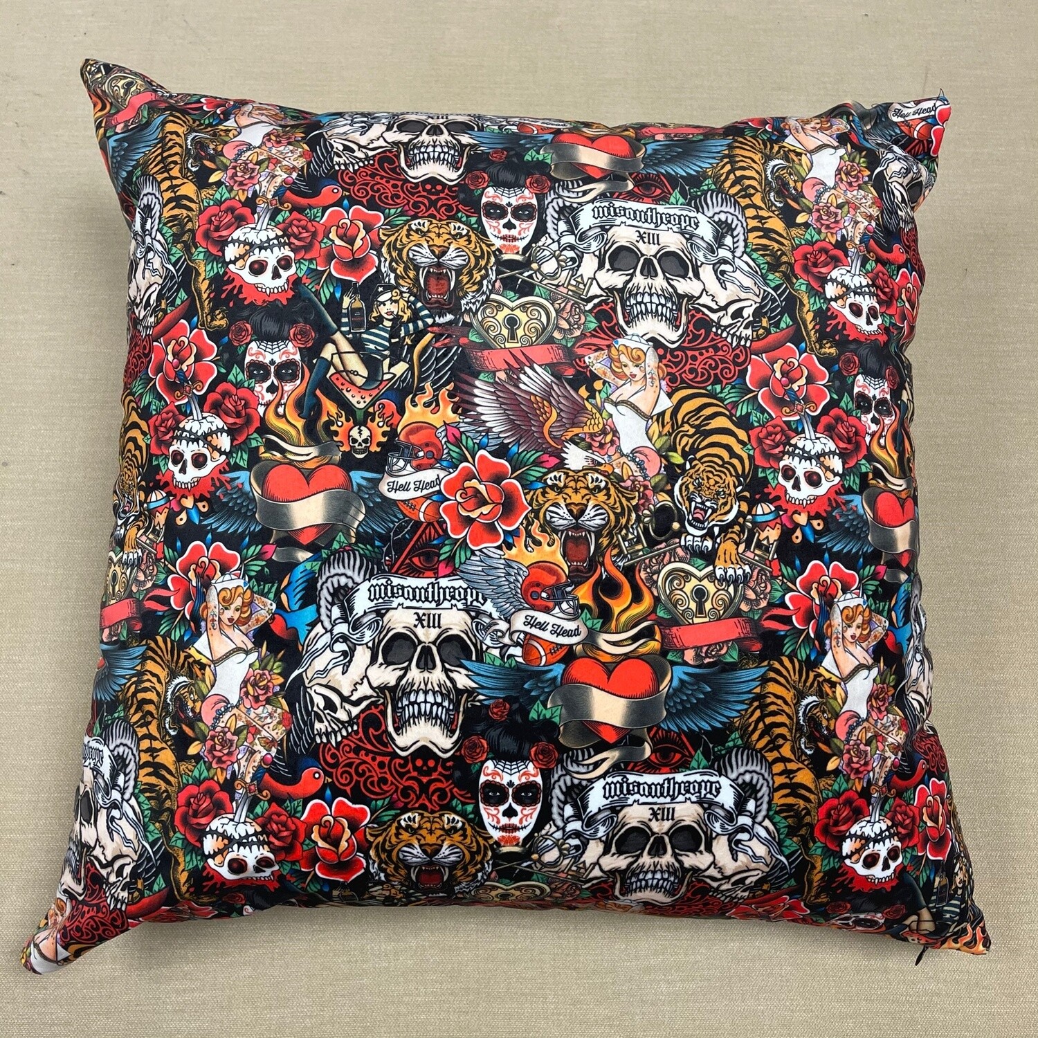 Large Cushion Cover with Vintage Tattoos - Velvet