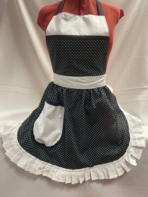 Retro Vintage 50&#39;s Style Full Apron - Navy &amp; White Polka Dot with White Trim