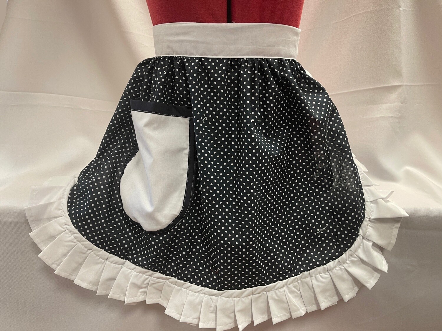 Retro Vintage 50&#39;s Style Half Apron - Navy &amp; White Polka Dot with White Trim
