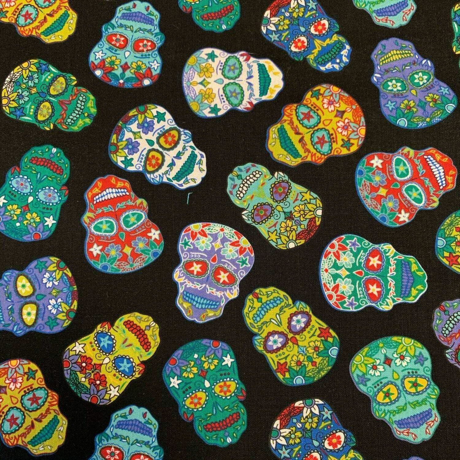Sugar Skulls - Black - 100% cotton print fabric