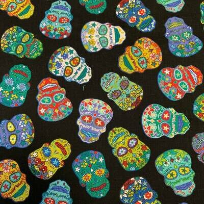 Sugar Skulls - Black - 100% cotton print fabric