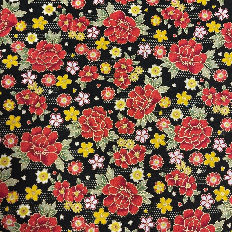 Sokyo - Black - 100% cotton print Japanese metallic fabric