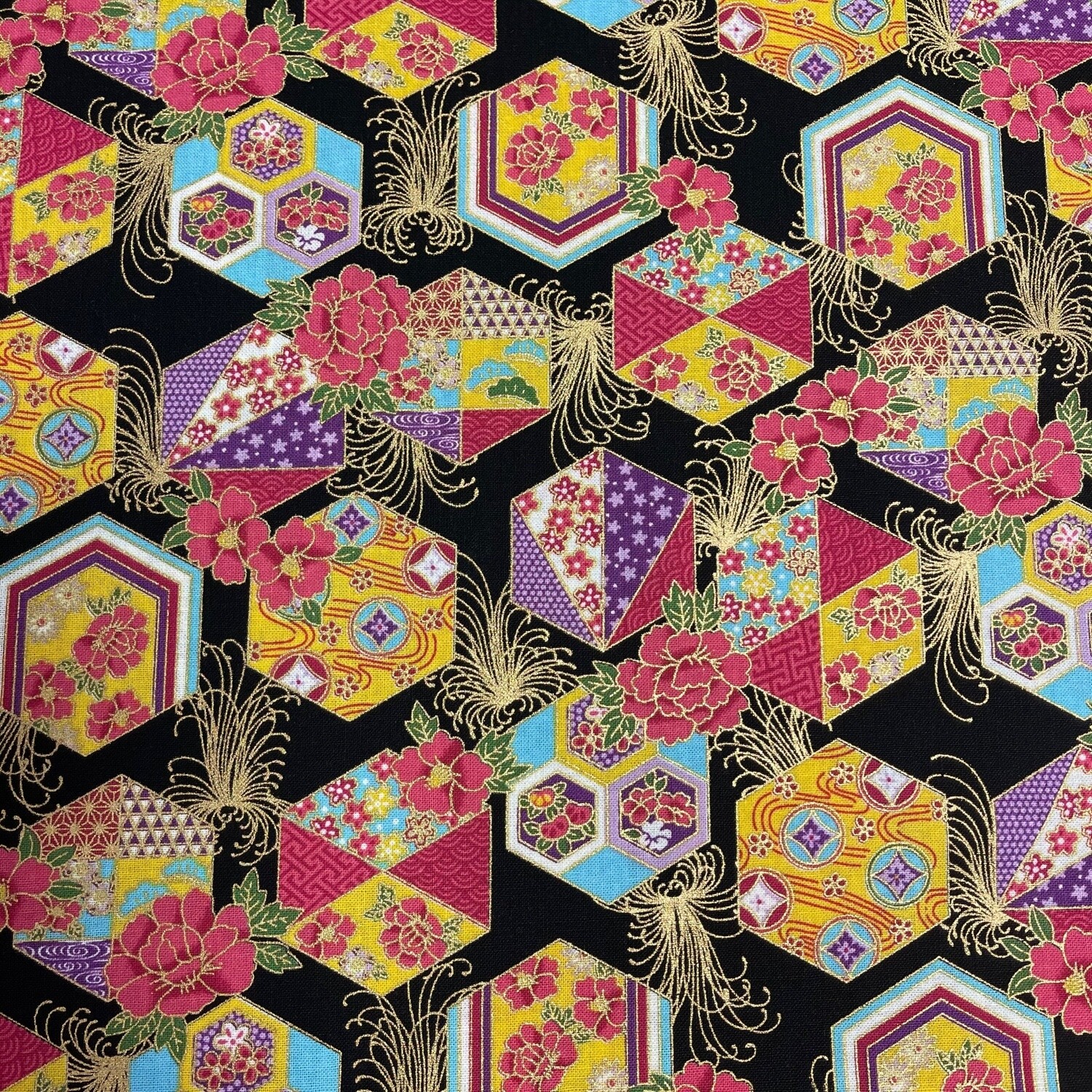 Sokyo - Black - 100% cotton print Japanese metallic fabric