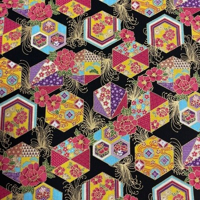 Sokyo - Black - 100% cotton print Japanese metallic fabric