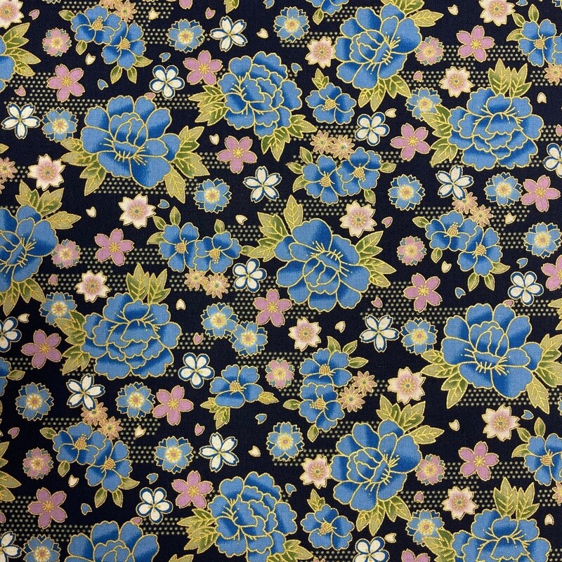 Sokyo - Navy - 100% cotton print Japanese metallic fabric