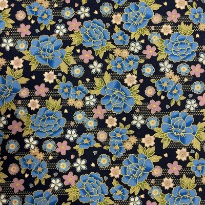 Sokyo - Navy - 100% cotton print Japanese metallic fabric