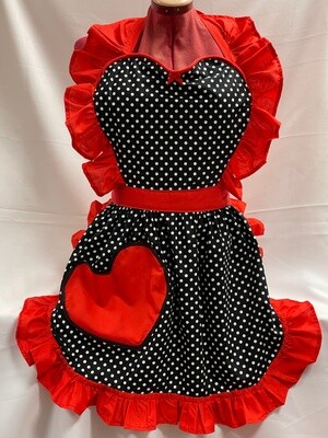 Retro Vintage 50&#39;s Style Full Apron with Heart Shaped Top and Pocket - Black &amp; White Polka Dot with Red Trim
