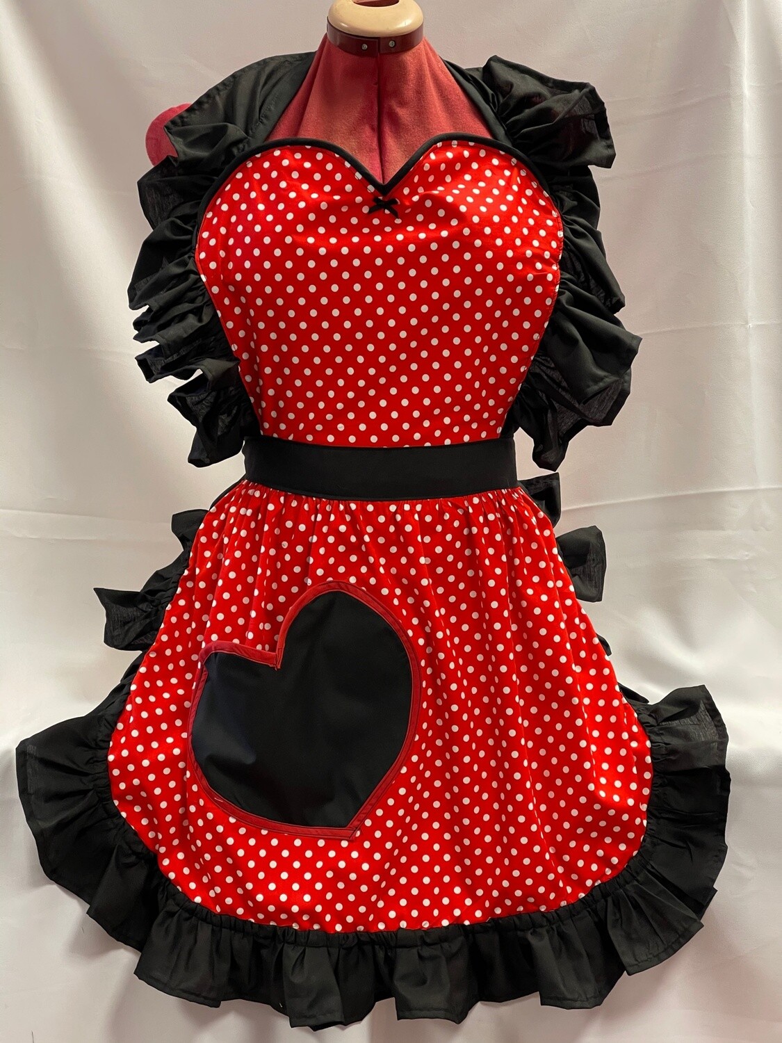 Retro Vintage 50&#39;s Style Full Apron with Heart Shaped Top and Pocket - Red &amp; White Polka Dot with Black Trim