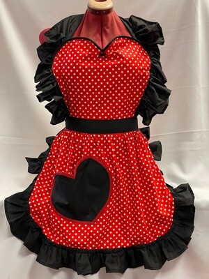 Retro Vintage 50&#39;s Style Full Apron with Heart Shaped Top and Pocket - Red &amp; White Polka Dot with Black Trim