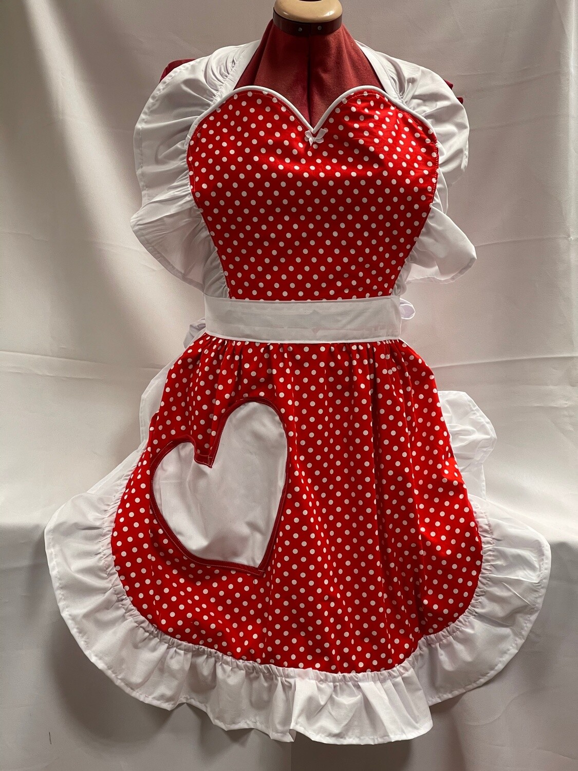 Retro Vintage 50&#39;s Style Full Apron with Heart Shaped Top and Pocket - Red &amp; White Polka Dot with White Trim