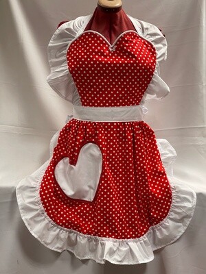 Retro Vintage 50&#39;s Style Full Apron with Heart Shaped Top and Pocket - Red &amp; White Polka Dot with White Trim