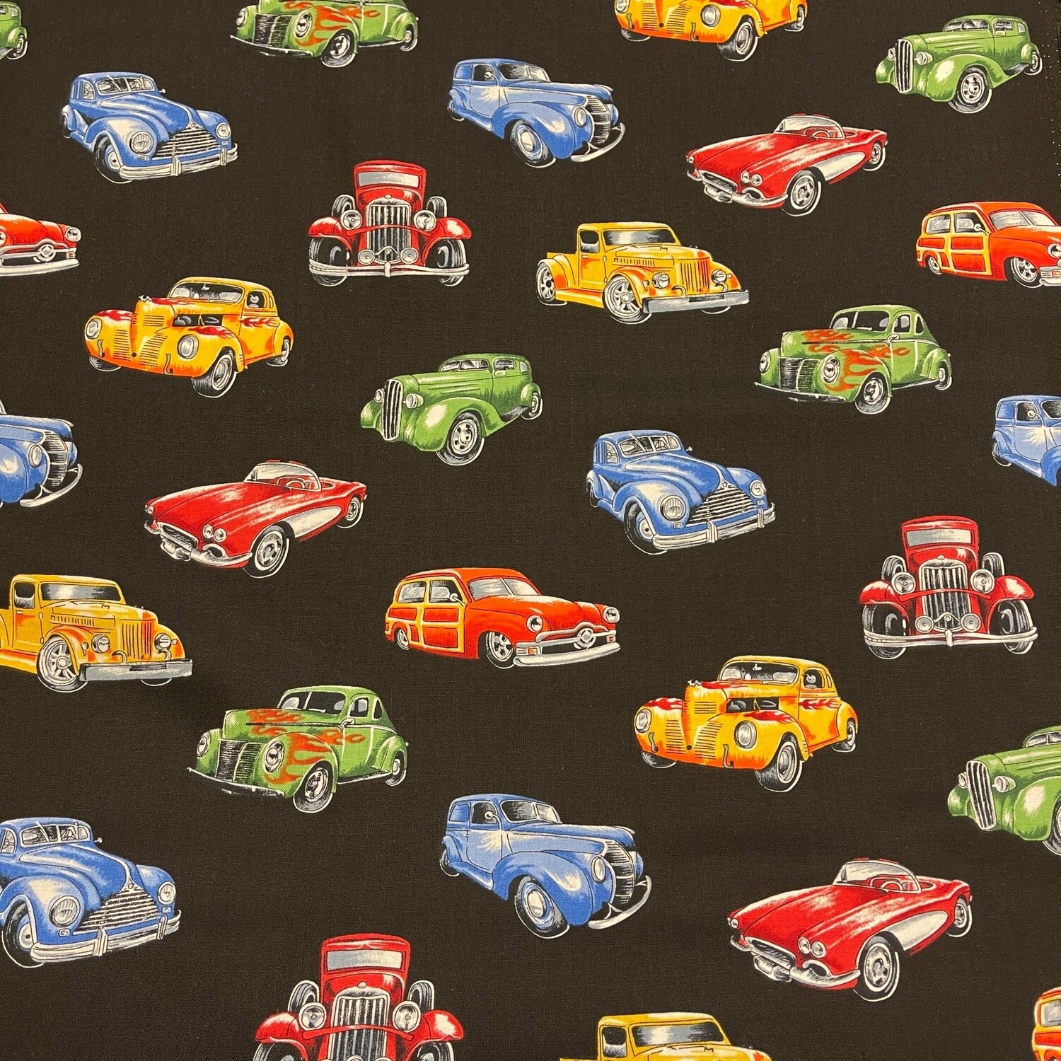 Hot Rods - Black - 100% cotton print fabric