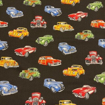 Hot Rods - Black - 100% cotton print fabric