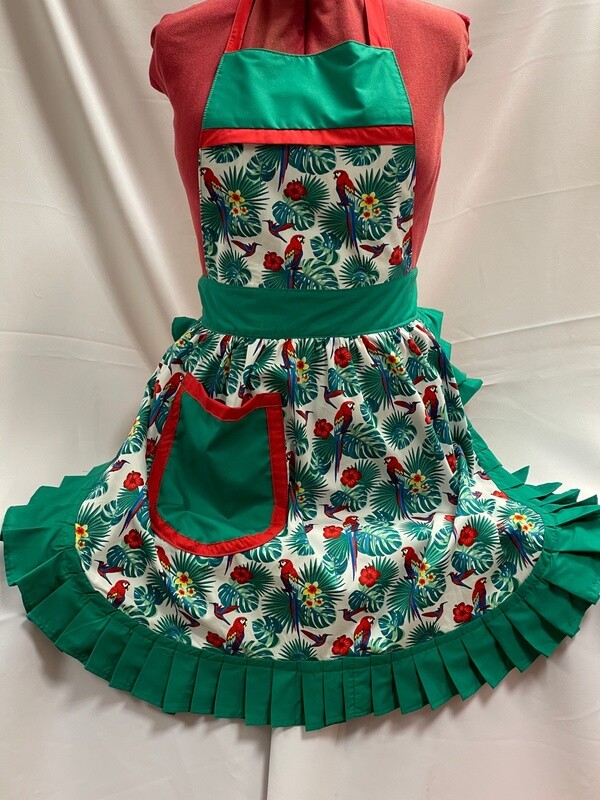 Retro Vintage 50&#39;s Style Full Apron - Tropical Theme on Cream with Green Trim