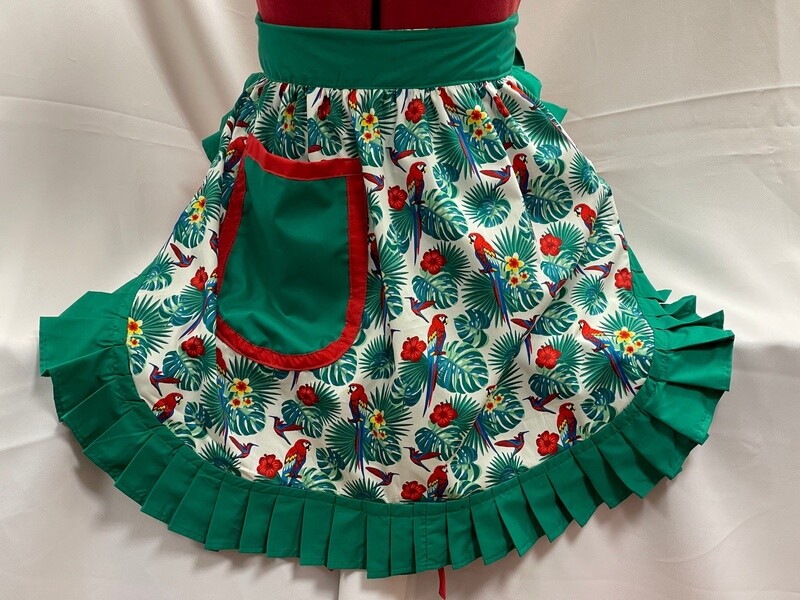 Retro Vintage 50&#39;s Style Half Apron - Tropical Theme on Cream with Green Trim