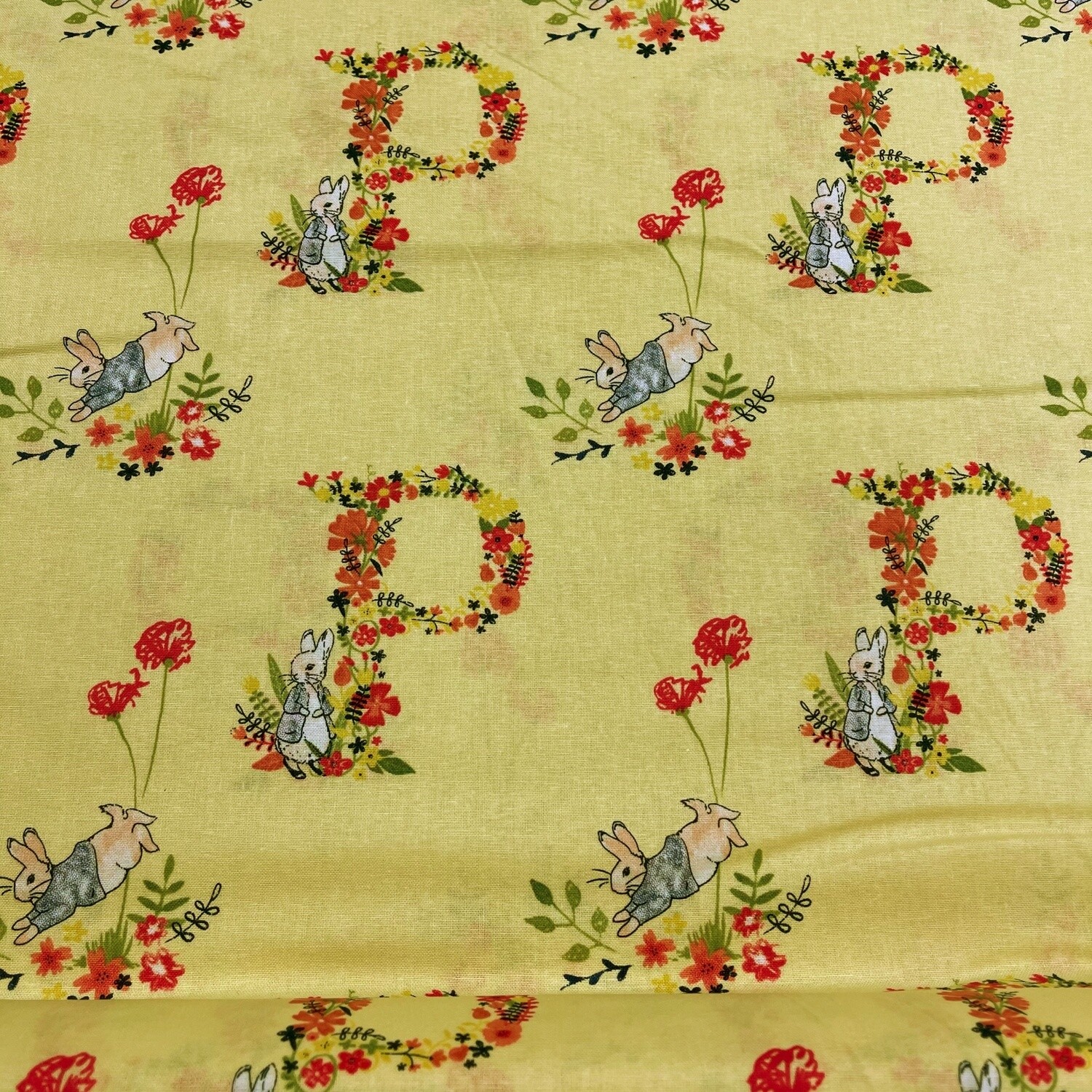 Peter Rabbit digital print fabric - Floral Letter - Yellow - 100% cotton