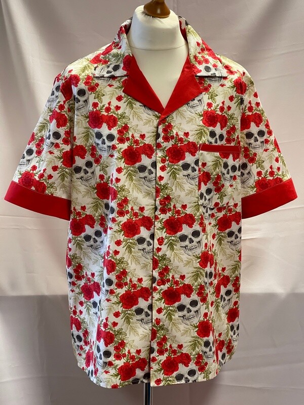 Handmade Retro Cuban Collared Hawaiian Rockabilly Shirt - Ivory with Skulls &amp; Red Roses