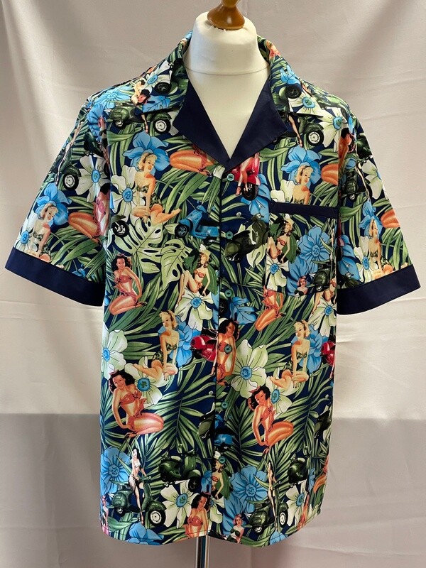 Handmade Retro Cuban Collared Hawaiian Rockabilly Shirt - Navy with Scooters &amp; Girls