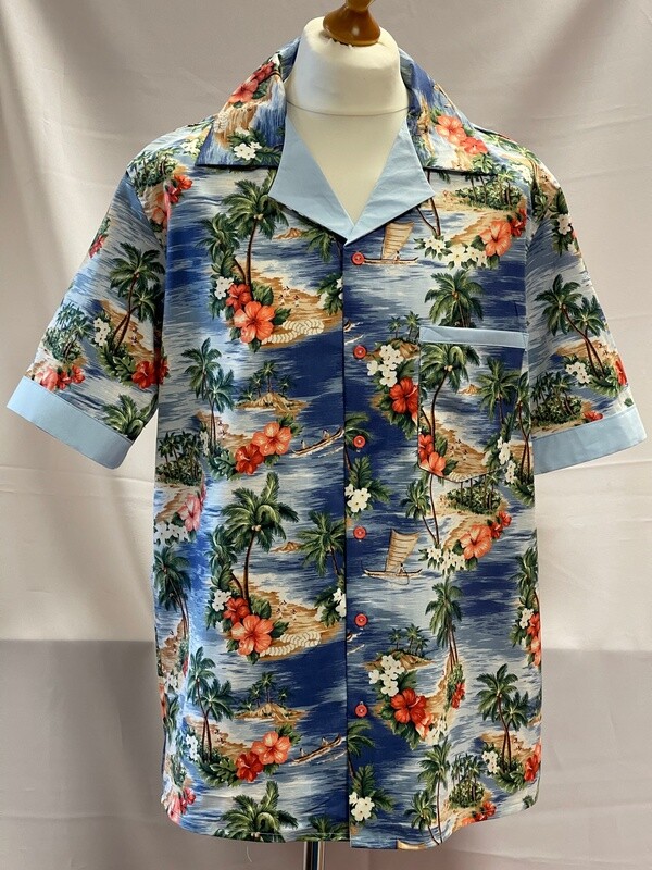 Handmade Retro Cuban Collared Hawaiian Rockabilly Shirt - Light Blue with Tropical Beach Theme