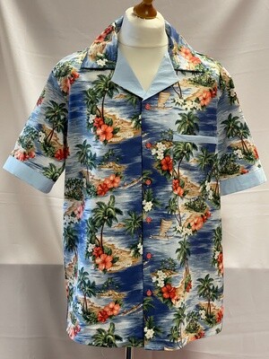 Handmade Retro Cuban Collared Hawaiian Rockabilly Shirt - Light Blue with Tropical Beach Theme