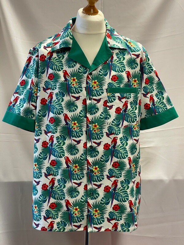 Handmade Retro Cuban Collared Hawaiian Rockabilly Shirt - White and Green Tropical Theme with Parrots