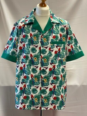 Handmade Retro Cuban Collared Hawaiian Rockabilly Shirt - White and Green Tropical Theme with Parrots