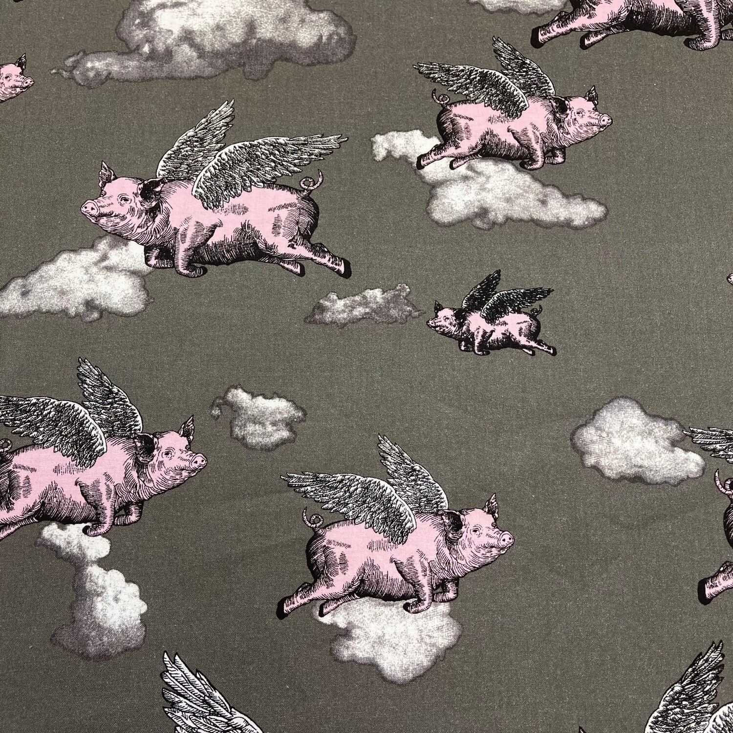 When Pigs Fly - Grey - 100% cotton print fabric