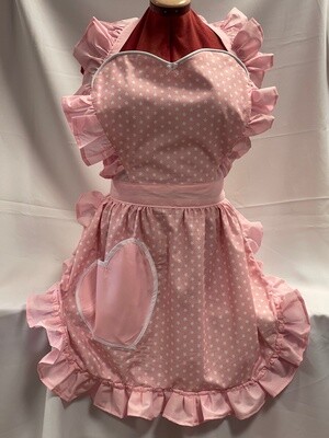 Retro Vintage 50&#39;s Style Full Apron with Heart Shaped Top and Pocket - Candy Pink with White Stars and Pink Trim